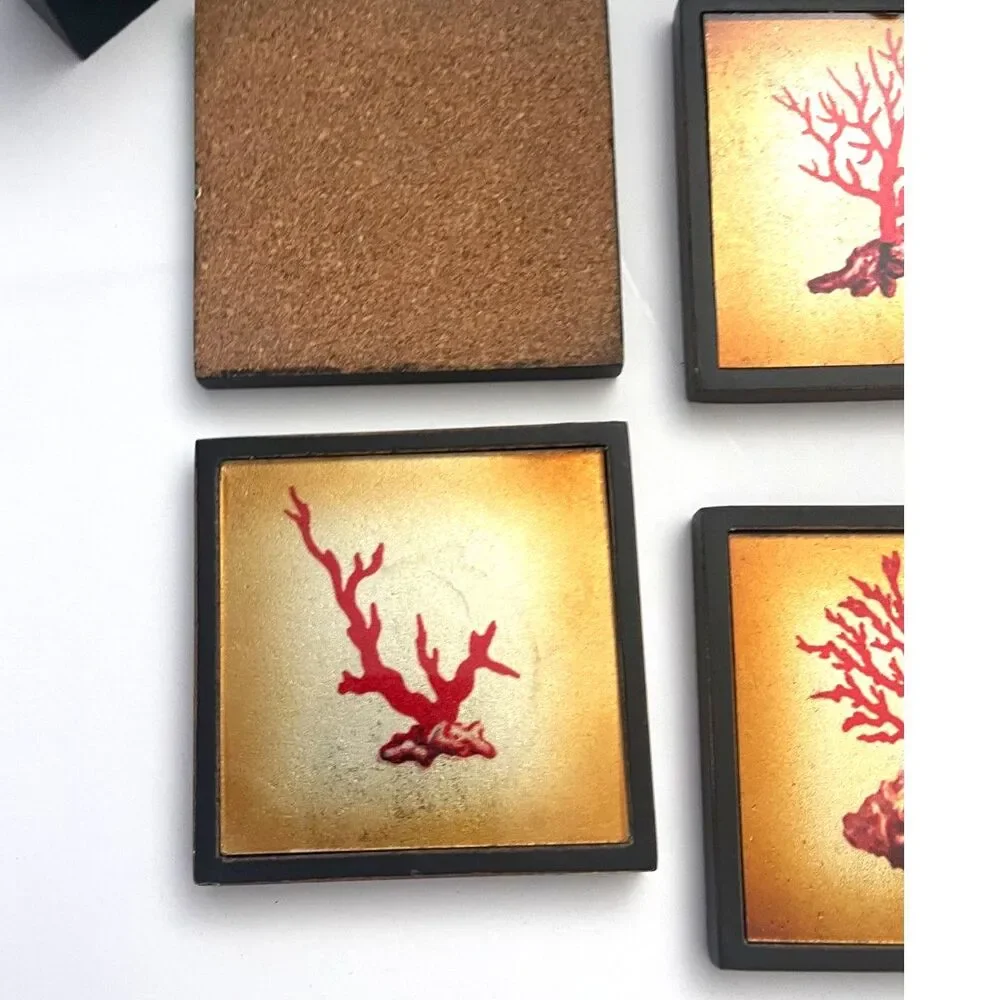 Red Coral Art Marble Drink Coasters With Matching Wooden Holder Set Of 4 Vintage